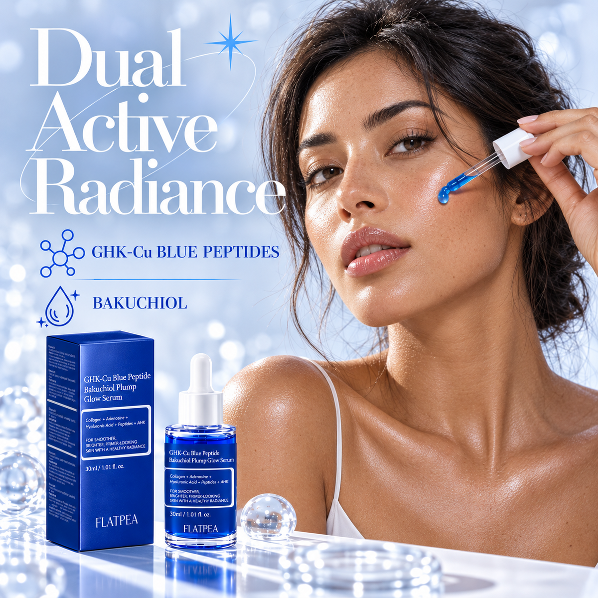 Blue FLATPEA serum bottle and carton