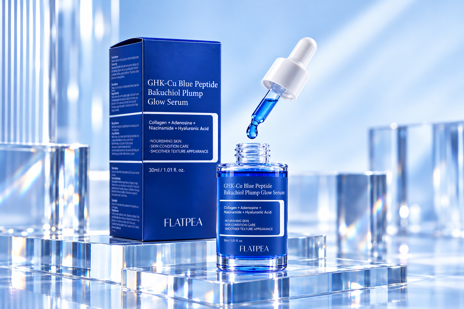 FLATPEA GHK-Cu Blue Peptide Bakuchiol Plump Glow Serum in cobalt blue packaging